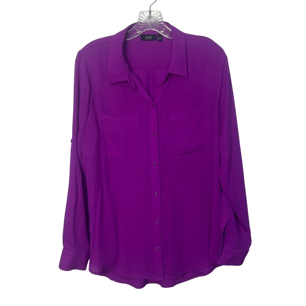 Apt 9 Blouse Roll Tab Sleeves Large Purple Button Down Pocket Casual Chic